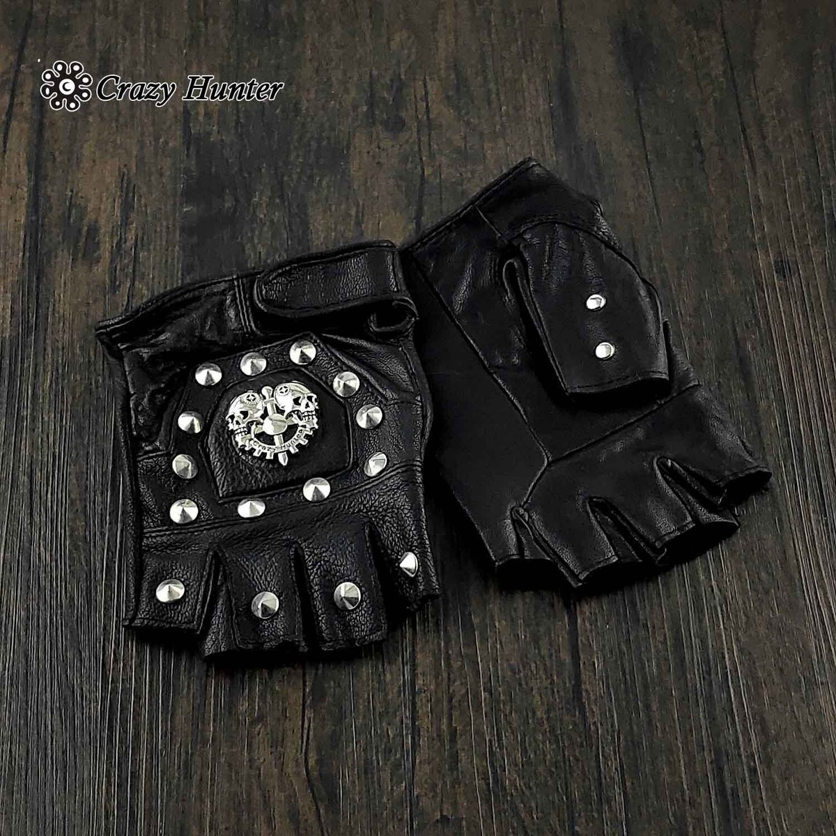 Punk Gothic Leather Pair Fingerless Biker Gloves With Skull