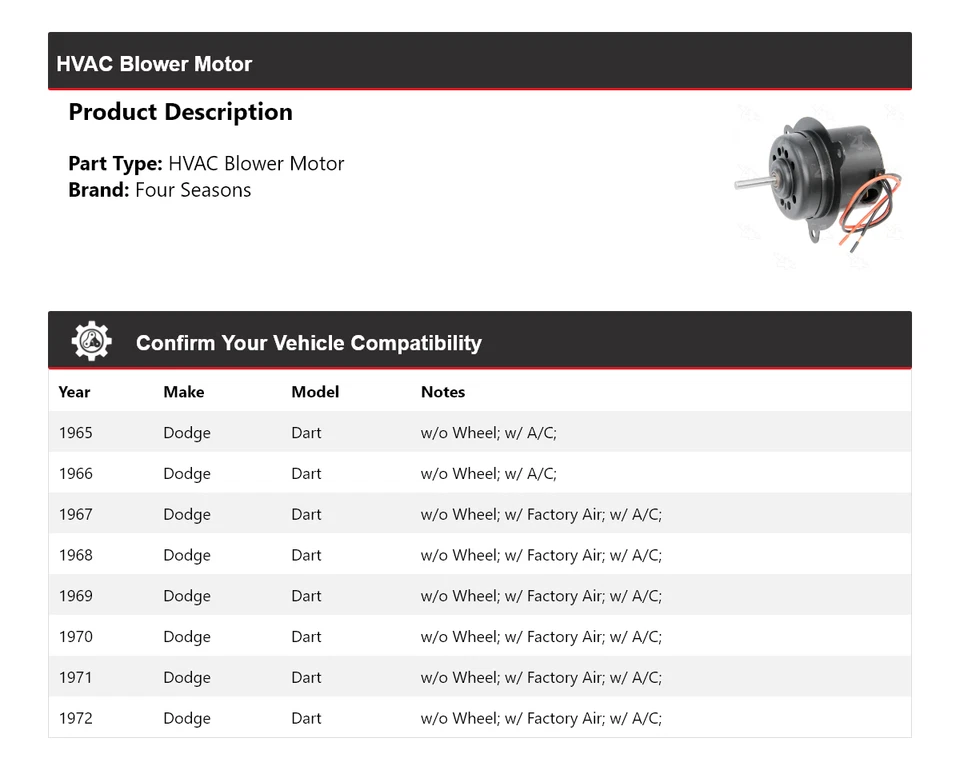 For 1965-1972 Dodge Dart HVAC Blower Motor 4 Seasons 1966 1967 1968 1969 1970 - Image 2 of 4