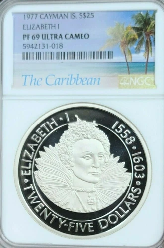 1977 CAYMAN ISLANDS SILVER 25 DOLLARS QUEEN ELIZABETH I NGC PF 69 ULTRA CAMEO