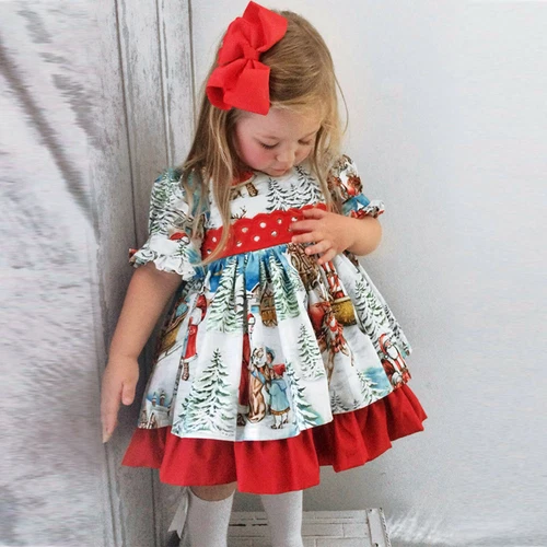 Toddler Kids Baby Girls Christmas Xmas Party Santa Printed Princess Party Dress - Picture 6 of 15