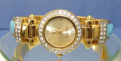 Vintage Joan Rivers Gold Tone Rhinestones & Blue Accent Cuff  display picture 2