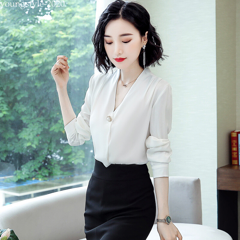 Elegant Korean Women V-neck Chiffon Formal Business Workwear Tops Blouse  T-shirt | eBay