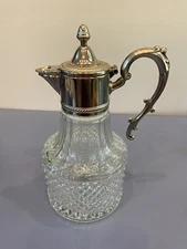 BEAUTIFUL VTG Diamond Patterned Glass Claret Jug Pitcher W/Silver Lid 10.25"H