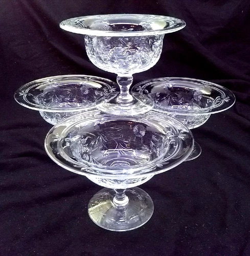 4 Vintage Elegant Etched Glass Footed Sundae Dessert Bowl Shrimp Cocktail Server
