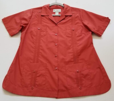 Mojito Lady Button Up Shirt Medium M Red Orange Short Sleeves Pockets Woven Top