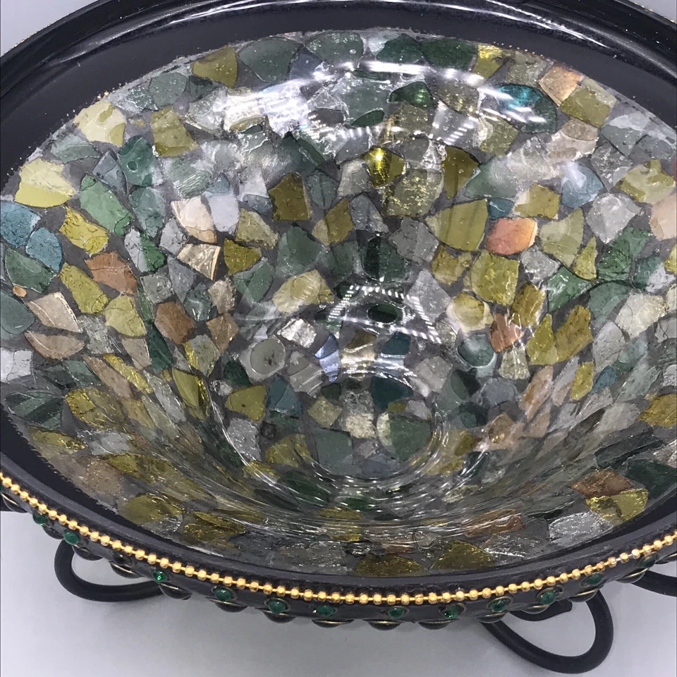 Mosaic Centrepiece Bowl Iron Scroll Stand Green Glass 9.5”. FLAW - Image 2 of 4