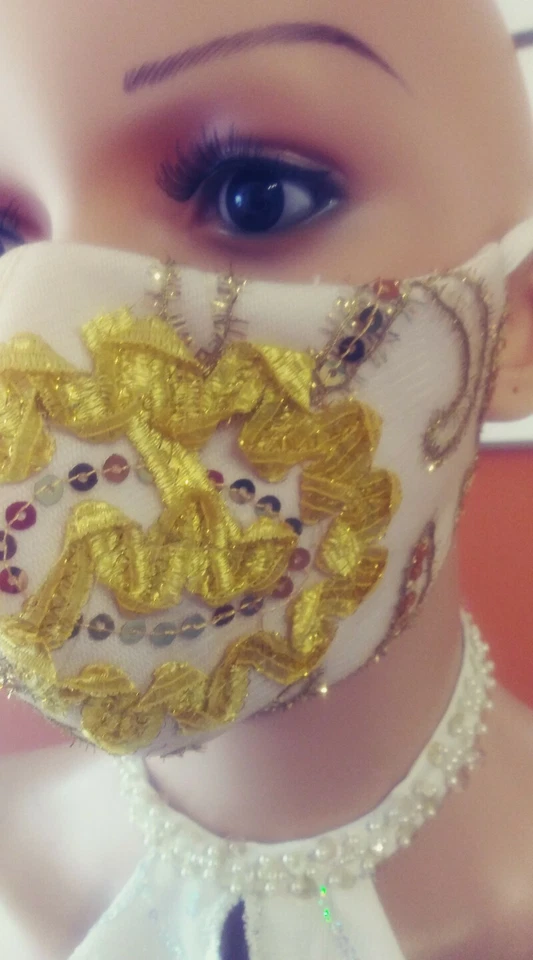 DESIGN FASHION MASK, TRIPLE LAYER, FILTER POCKET, YELLOW LACE 3 SIZES - Image 2 of 4