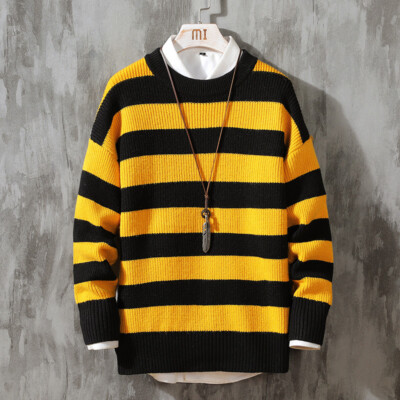 Mens Sweater New High Collar Stripes Youth Fashion All-Match Long Sleeve  Knitte