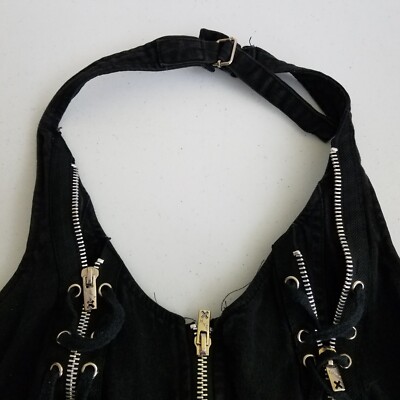 Vtg Y2K Tripp NYC Black Halter Corset Top Lace Up Zippers Womens