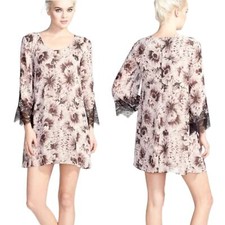 ASTR | Large | Blush + Black Floral Print Bell Sleeve Lace Trim Mini Shift Dress