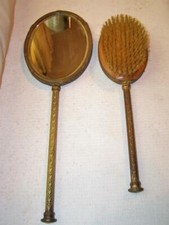 Antique Brass Celluloid/Bakelite Vanity Beveled Hand Mirror and Brush Set GUC