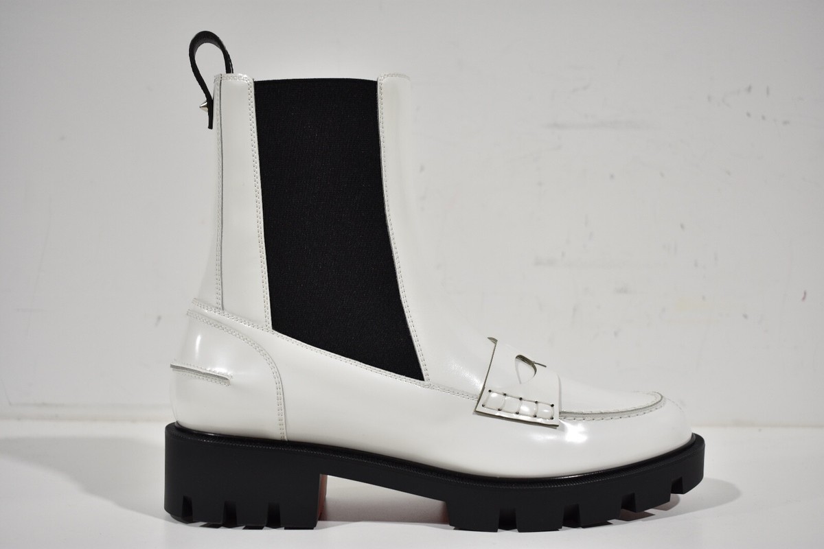 Christian Louboutin Montezu Lug Flat White Black Leather Chelsea