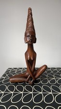 Vintage 16 in Hand Carved African Wood Figurine High Hair Sitting Woman Statue