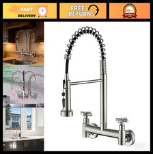 8" Center Wall Mount Faucet with Pull Down Sprayer, Dual Handle Kitchen Mixer Ta