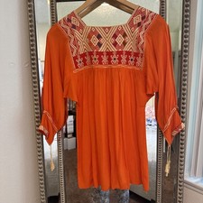 Authentic Oaxacan Embroidered Peasant Tunic Top 3/4 Sleeve Boho Cotton Linen