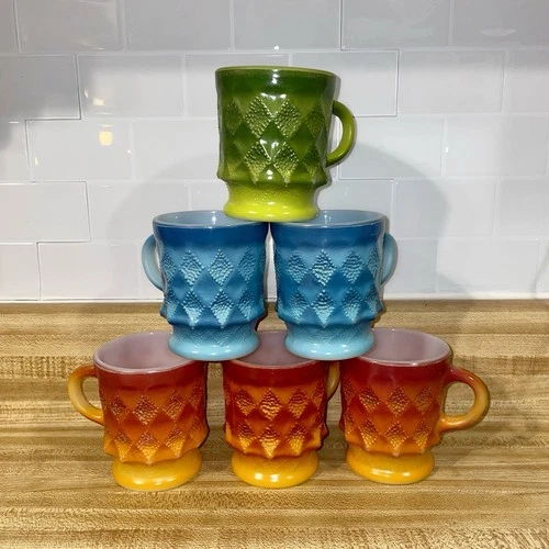 Vintage Fire King Kimberly Ombre Mugs Set of 6 Red Blue Green Diamond MCM