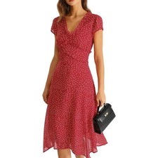 Red Polka Dot Dress Ruffle V-Neck Handkerchief Hem Midi Size M NWT Retro Pinup