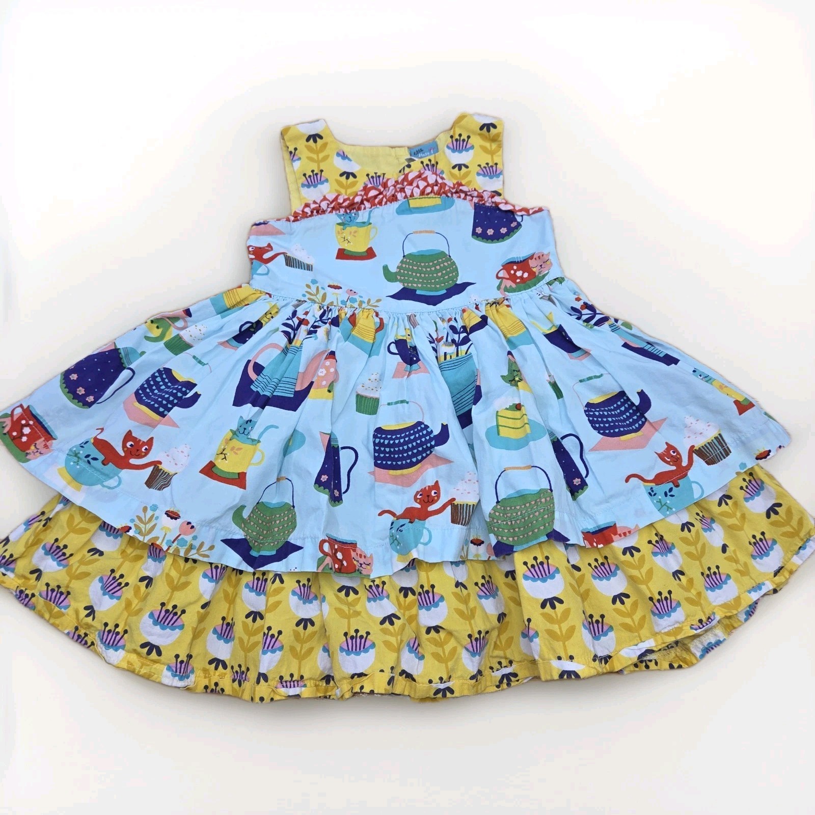 Size 2 Little Miss Marmalade Layered Cotton Dress Cats Cake Tea Pots and Flowers