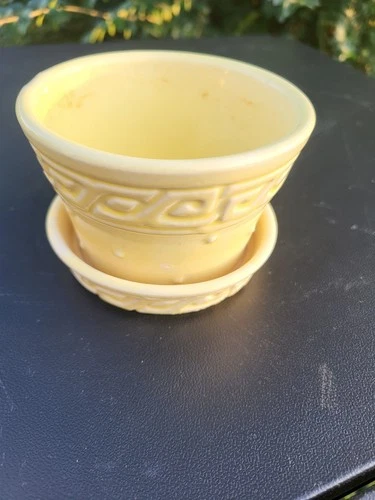 Vintage McCoy YELLOW Greek Key Flower Pot Planter w/Attached Saucer USA