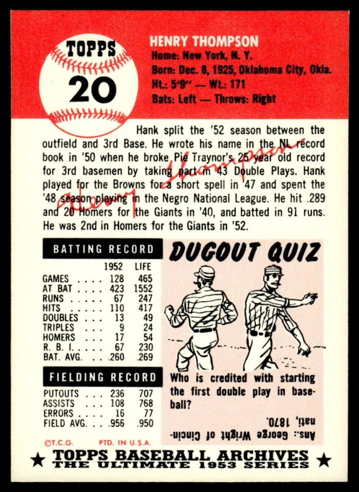 1991 Topps Archives 1953 Hank Thompson New York Giants #20 - Image 2 of 2