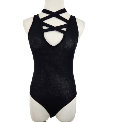 Express Body Damen extra klein schwarz gerippt kreuz Neckholder Druckknopf Bein