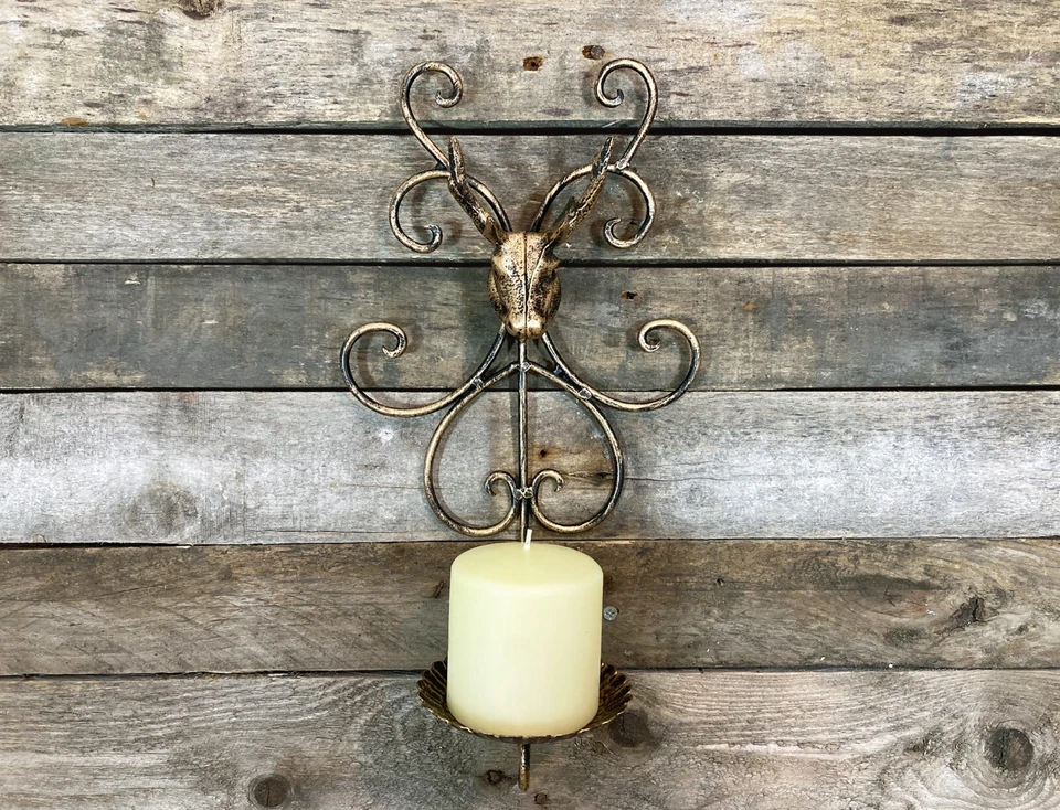 Antler Stag Head Wall Candle Holder Antique Gold Metal Sconce Light Reindeer NEW - Image 2 of 4
