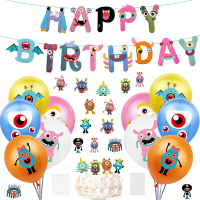 Monster Party Deko Set Happy Birthday Girlande + 10x Ballons + 18x Torten Topper