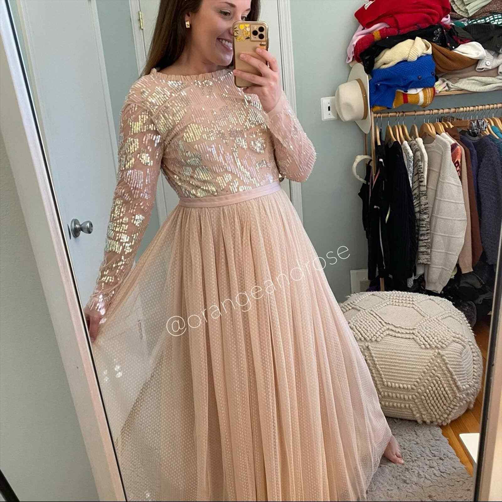 Needle & Thread Blush Pink Sequin Long Sleeve mesh Open Back Tulle Maxi Gown 6