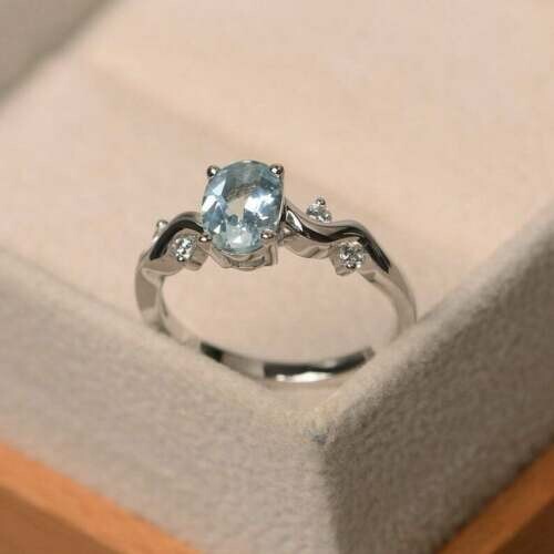 14K White Gold 1.37 Ct Oval Cut Natural Aquamarine & Diamond Wedding Ring Size 9 - Picture 2 of 7