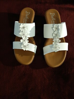 Italiana women's julliet white rhinestone flower top, opentoe wedge sandal 9m