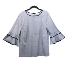 Counter Parts Top Women L Blue Ruffle Bell Sleeve Stripes Dots Coastal Blouse