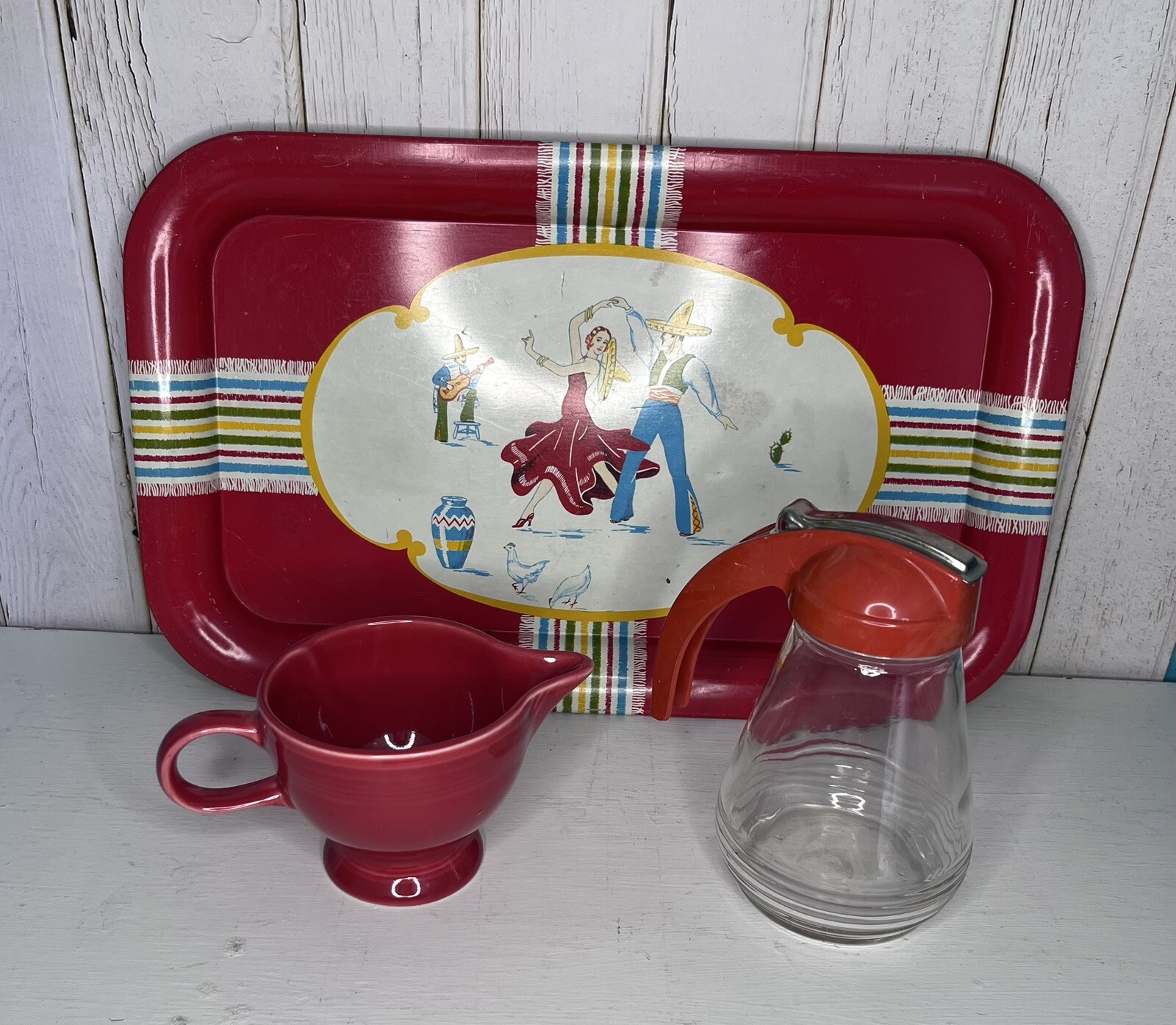 Fiesta Scarlet  Creamer Lot With Fiesta Tray And 50’s Canadian Syrup Dispenser
