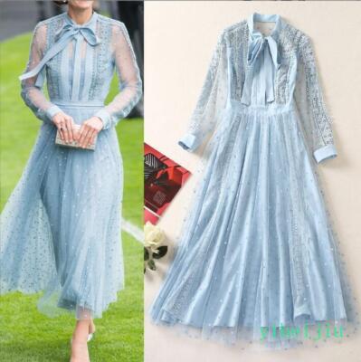 Mesh Women's Lace Long Dress See Through Hollow Out Slim Fit Elegant Polka Dot