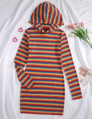 BNWT Rainbow Stripe Hooded Dress, Size 10