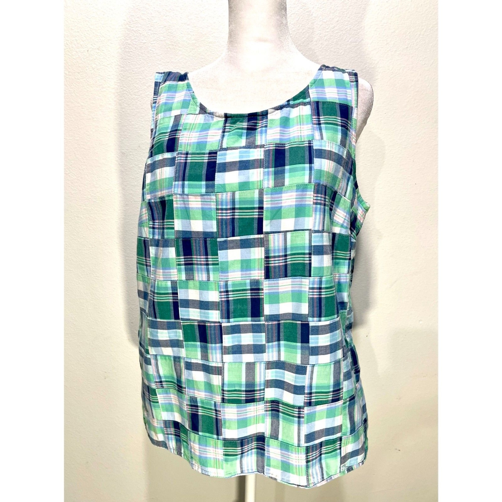 Talbots patch work blouse green cropped top sleeveless casual country women's L