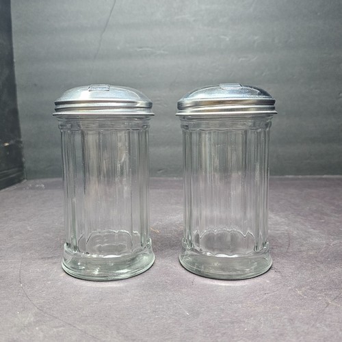 Set of 2 Side Flap Top Sugar Dispenser Glass Jar Vintage 3" D x 5.5" H