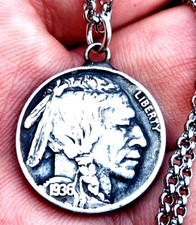 Authentic 1936 Buffalo Indian  coin necklace pendant 925 sterling silver bail