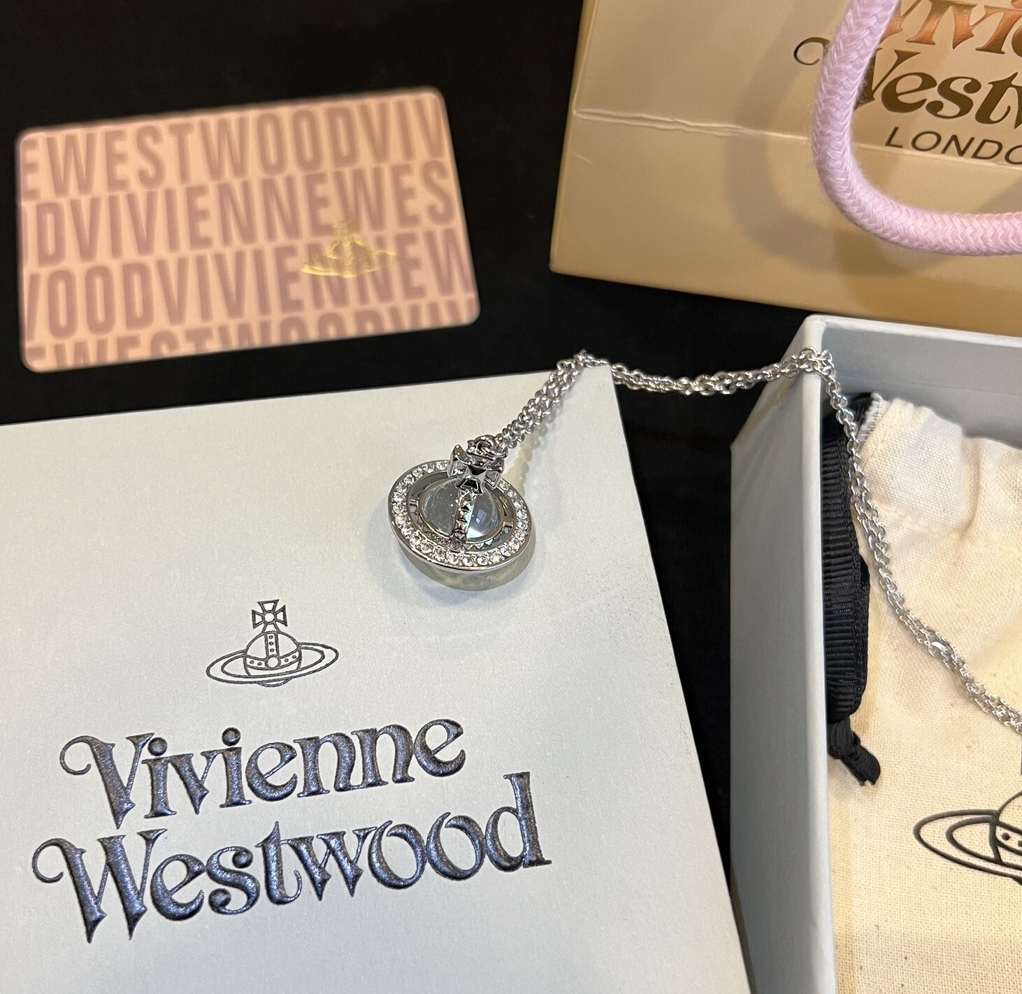 Vivienne Westwood Small Clear Orb Necklace Silver Tone New with Box #353