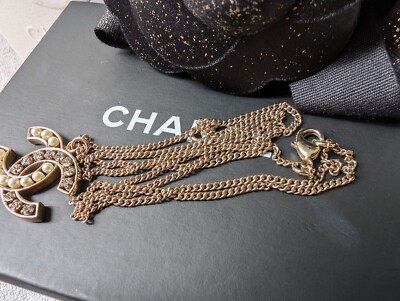 Authentic Chanel CC B14B Logo Pearl Crystal GHW Necklace box