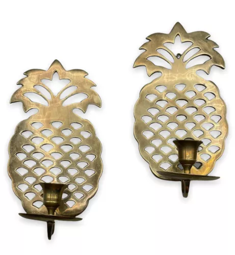 Pineapple Brass Candle Sconces for Tapered Candles Wall Decor Gold Vintage Pair 
