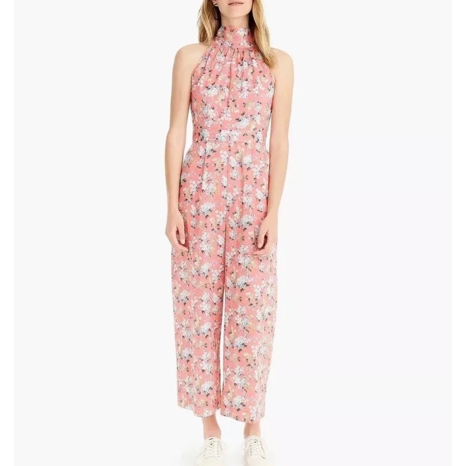 J Crew Liberty Josephine Floral Halter Neck Cropped Jumpsuit Size 4 Coral Pink - Image 3 of 4