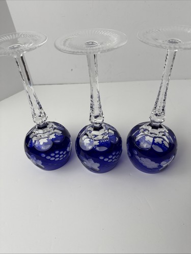 Nachtmann Crystal Hock Wine Goblet Glass Cut To Clear Cobalt Blue 8 ½” Tall (3) - Picture 8 of 12