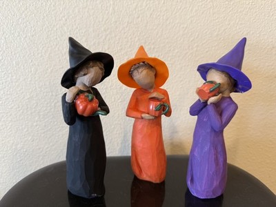 Handpainted Halloween Witch coven tea party - Altered Willow Tree set of 3 