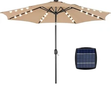 9.5' Solar LED Patio Umbrella with Push Button & Crank Outdoor Tan