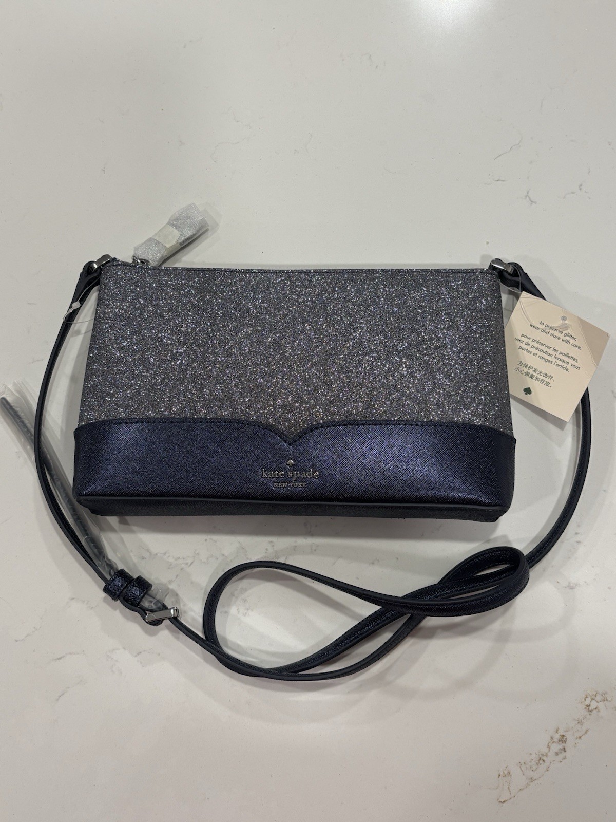 NEW Kate Spade Lola Glitter Crossbody Small Handbag Navy Blue thumbnail 11
