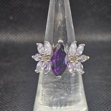 Purple Cubic Zirconia Flower Ring Silver Tone Size 6 Lavender Petals Cocktail