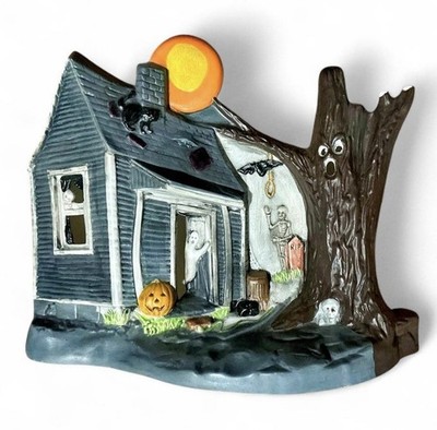 Vintage Ceramic Haunted House Ghost Tree Moon Skeleton Halloween Bat Cat *READ*