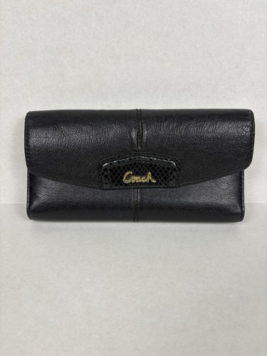 Coach Ashley Leather Trifold Checkbook Wallet Designer Clutch Black