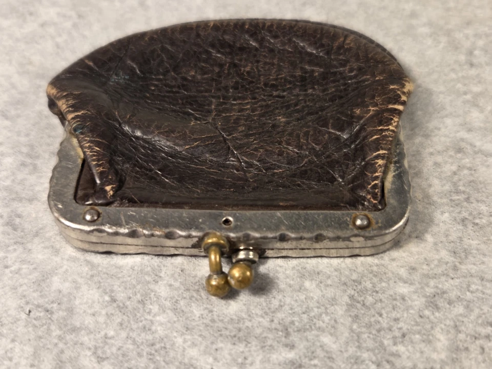 Лот из 2 антикварных кожаных кошельков для монет застежки Kiss - Изображение 4 из 4