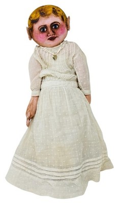 19  ARTIST DOLL, PAINTED CLOTH, SEAMED FACE, SIGNED LHT  87
